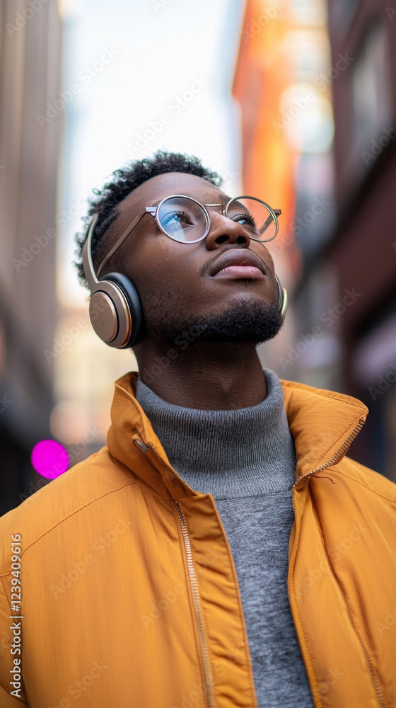 Fototapeta premium Walking through busy city streets, a multiethnic man with stylish glasses and headphones gazes upwards. He sports a trendy high-end jacket, exhibiting confidence and urban flair