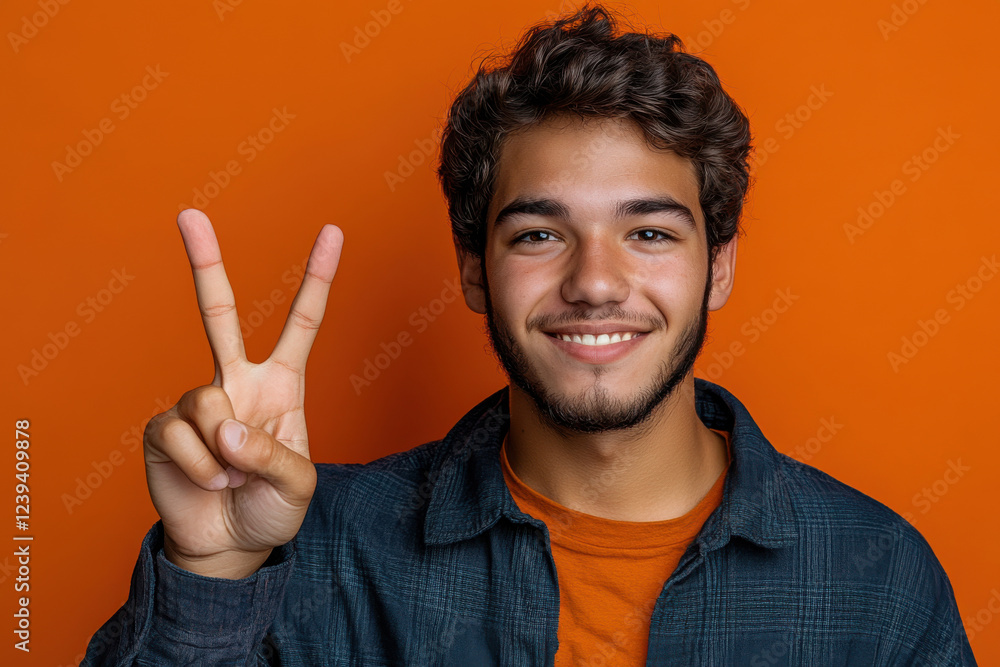 Young man smiling and posing with a peace sign against an orange background in a casual outfit during daytime Young man smiling and posing with a peace sign against an orange background in a casual outfit during daytime