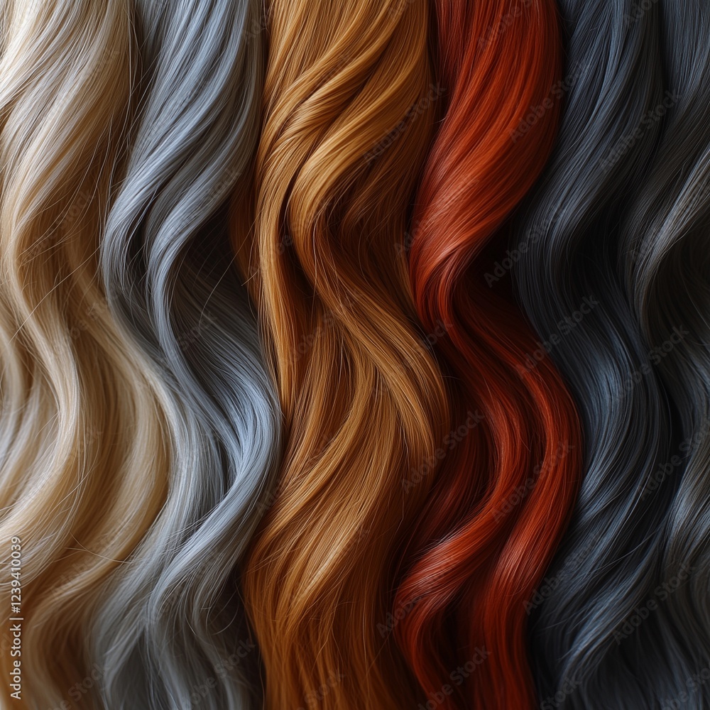 Naklejka premium Vibrant strands of hair in various hues create a mesmerizing display of color and texture in a stylish arrangement. Generative AI
