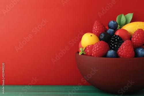 Vibrant Berry Bowl and Mango Delight - A colorful mix of raspberries, blueberries, blackberries, and mango in a rustic bowl. Symbolizing freshness, abundance, health, vitality, and sweetness. photo