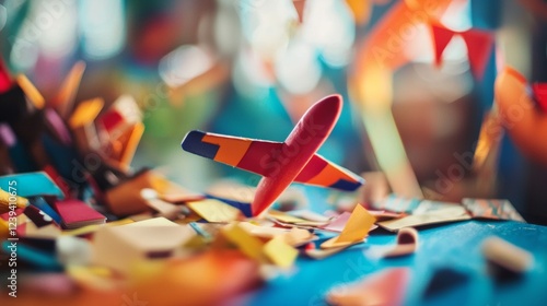 Toy airplanes and flags in festive vibrant scene photo