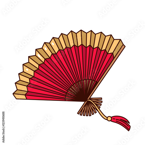 Groovy cartoon open Chinese red paper fan with gold border. Funny retro traditional folding fan of Chinese lunar New Year. CNY decoration mascot, cartoon sticker of 70s 80s style vector illustration