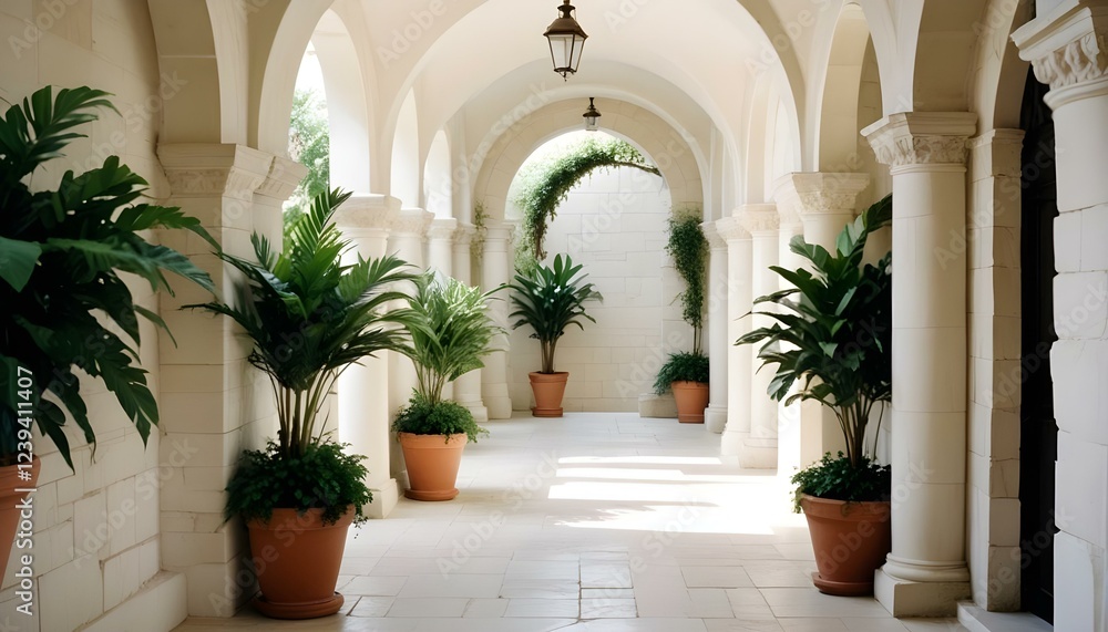 Un largo pasillo arqueado con paredes y columnas de piedra blanca, bordeado de plantas en macetas y vegetación a ambos lados, creando una atmósfera exuberante y natural Un largo pasillo arqueado con paredes y columnas de piedra blanca, bordeado de plantas en macetas y vegetación a ambos lados, creando una atmósfera exuberante y natural
