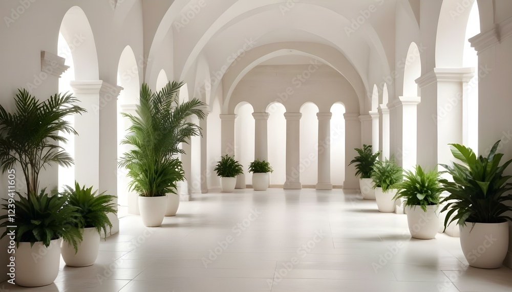 Un largo pasillo arqueado con paredes y columnas de piedra blanca, bordeado de plantas en macetas y vegetación a ambos lados, creando una atmósfera exuberante y natural Un largo pasillo arqueado con paredes y columnas de piedra blanca, bordeado de plantas en macetas y vegetación a ambos lados, creando una atmósfera exuberante y natural