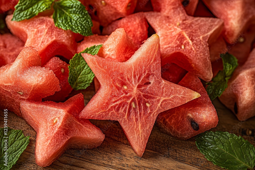 Bokeh photography presents a delightful dessert: star-shaped slices of watermelon garnished with mint, with a hazy summer setting in the background Bokeh photography presents a delightful dessert: star-shaped slices of watermelon garnished with mint, with a hazy summer setting in the background