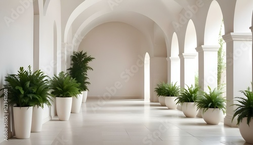 Un largo pasillo arqueado con paredes y columnas de piedra blanca, bordeado de plantas en macetas y vegetación a ambos lados, creando una atmósfera exuberante y natural photo