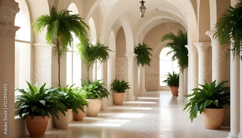 Un largo pasillo arqueado con paredes y columnas de piedra blanca, bordeado de plantas en macetas y vegetación a ambos lados, creando una atmósfera exuberante y natural photo