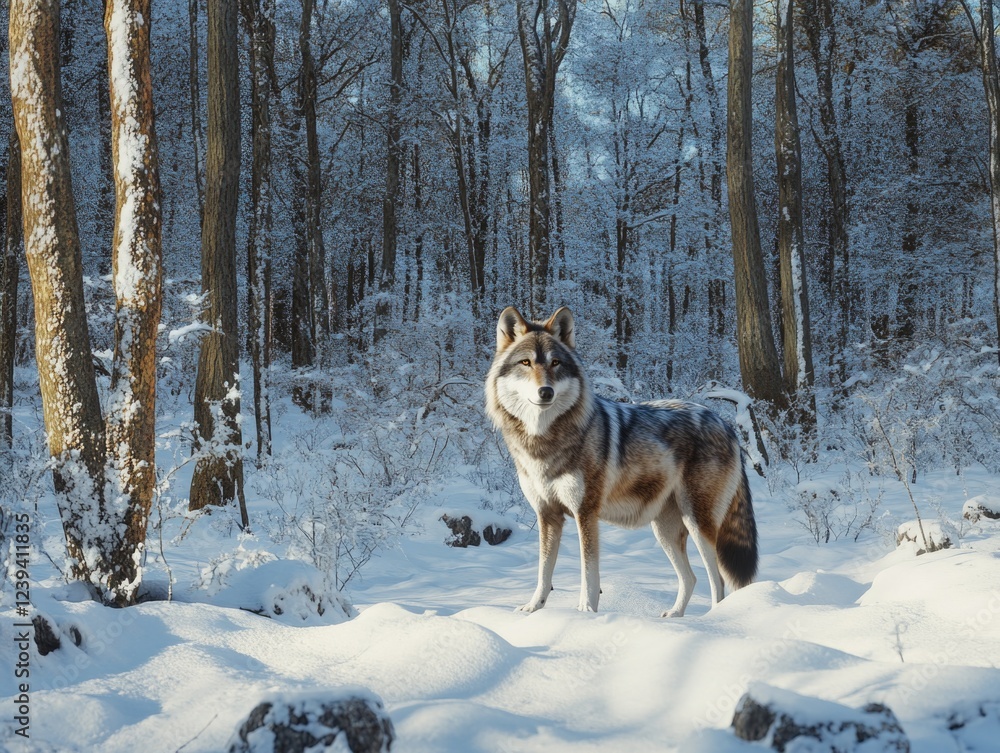 Wolf in a winter forest, looking towards the camera. Wolf in a winter forest, looking towards the camera.