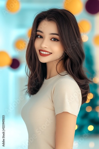 Woman standing near glowing holiday decorations with blurred background