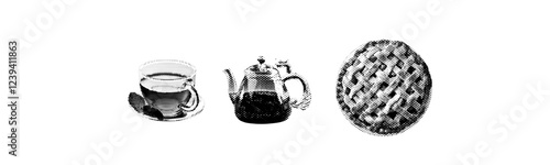 tea with apple pie lattice set template with teapot cup traditional homemade cake retro halftone effect dotted texture vintage cutout pop art y2k collage element for mixed media design