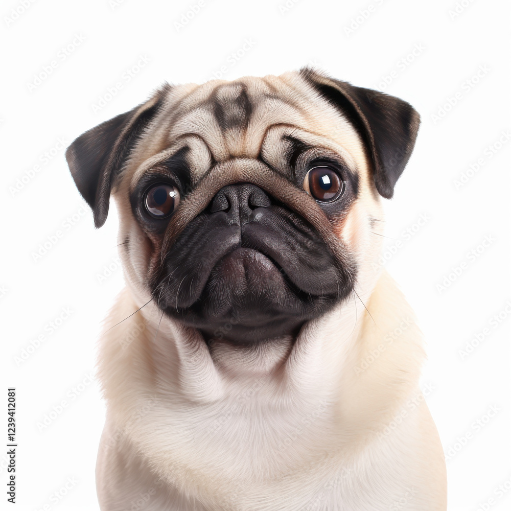 cute pug dog with wrinkled face and big eyes, looking curiously at camera. dog has light colored coat and distinctive expression that conveys sense of playfulness and charm cute pug dog with wrinkled face and big eyes, looking curiously at camera. dog has light colored coat and distinctive expression that conveys sense of playfulness and charm