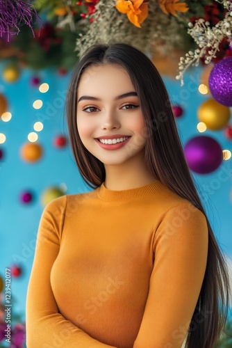 Woman standing near glowing holiday decorations with blurred background