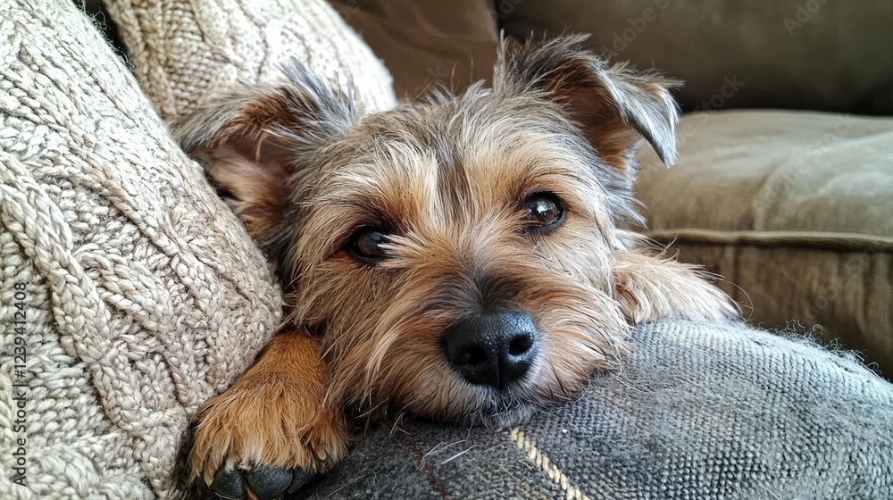 Dog resting on a cozy couch with knitted pillows, enjoying a quiet afternoon Dog resting on a cozy couch with knitted pillows, enjoying a quiet afternoon