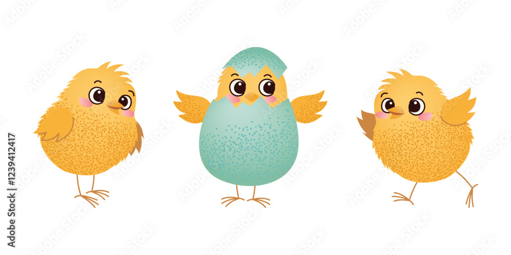 Three baby chicks, one hatching from an Easter egg. Cute cartoon illustration. Easter celebration and spring holiday design for greeting card, invitation, banner, poster. Three baby chicks, one hatching from an Easter egg. Cute cartoon illustration. Easter celebration and spring holiday design for greeting card, invitation, banner, poster.