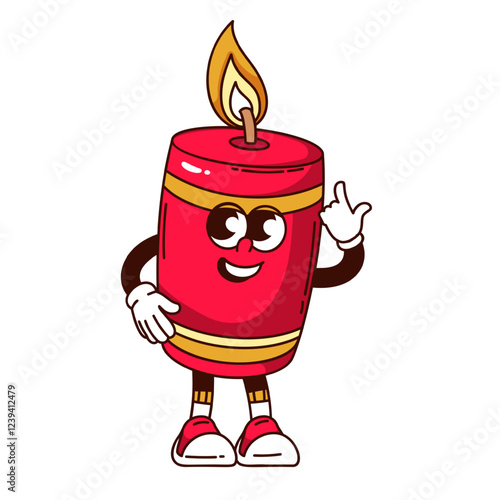 Groovy candle cartoon character pointing at flame on candlestick. Funny retro burning red wax candle with golden stripes Chinese New Year mascot, cartoon sticker of 70s 80s style vector illustration