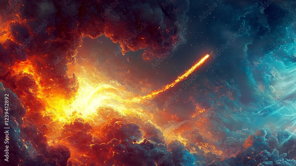 Dramatic cosmic nebula with swirling clouds and a comet streaking through the night sky Dramatic cosmic nebula with swirling clouds and a comet streaking through the night sky
