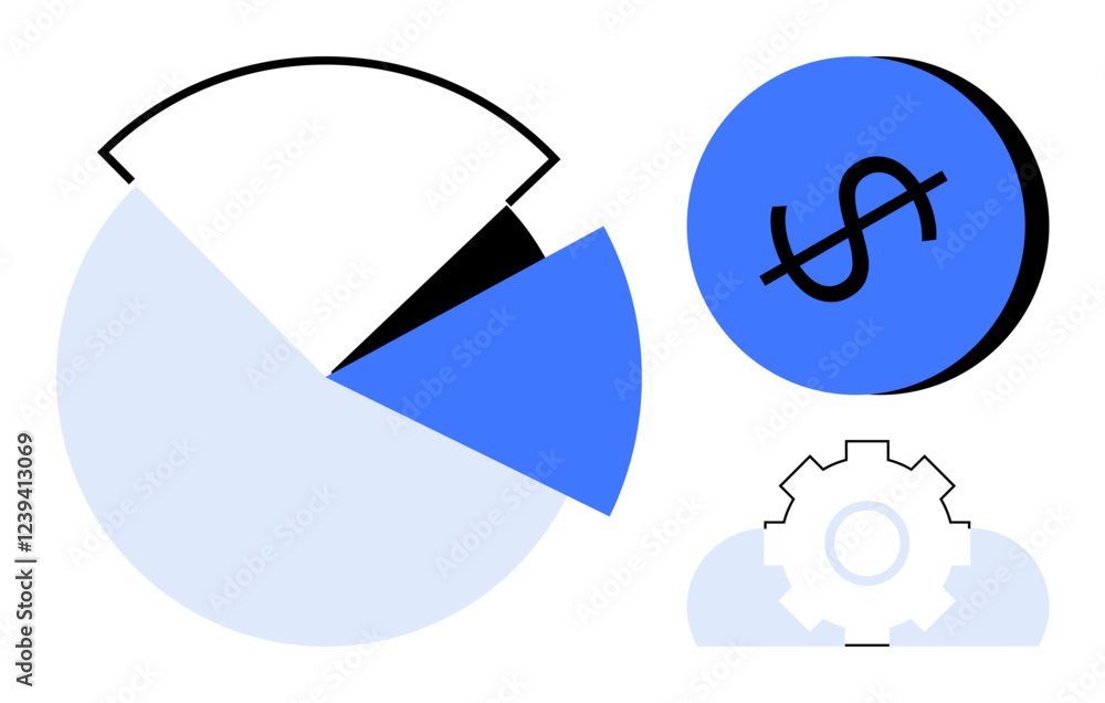 Simplified pie chart, a dollar sign in a blue circle, and a gear atop a cloud. Ideal for business analytics, financial progress, economic growth, revenue management, data visualization, technology