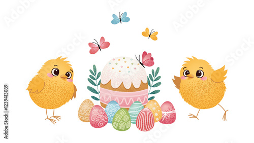 Two yellow chicks near Easter cake and decorated eggs with butterflies flying above. Cute cartoon illustration. Easter celebration and holiday design for greeting card and postcard.