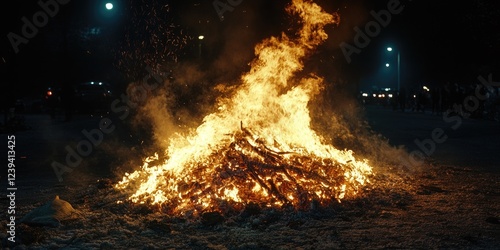 A large bonfire providing warmth and illumination during nighttime, with people gathered around it. This could be part of a cultural event or community celebration. photo