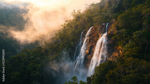 Majestic waterfall cascades down rocky cliff amid lush green forest during golden hour light