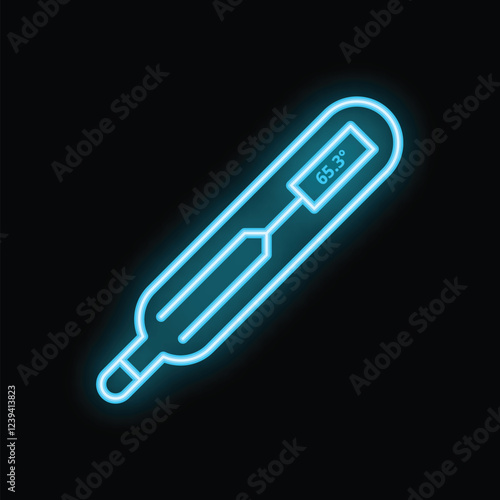 Blue neon medical thermometer showing temperature icon glowing on black background