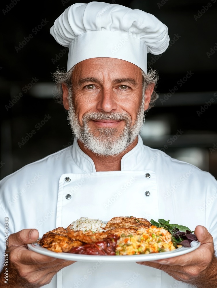 Chef proudly presents a colorful plate of gourmet food in a professional kitchen setting during daytime Chef proudly presents a colorful plate of gourmet food in a professional kitchen setting during daytime