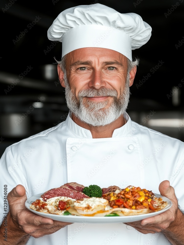 Skilled chef proudly presents a colorful plate of gourmet cuisine in a professional kitchen setting during the evening Skilled chef proudly presents a colorful plate of gourmet cuisine in a professional kitchen setting during the evening