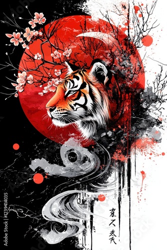 Elegant tiger portrait with cherry blossoms and red sun background highlighting traditional Asian art style