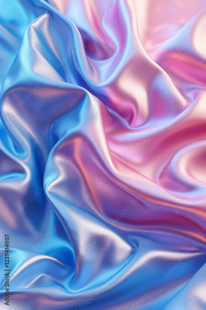 Obraz premium A close-up of flowing iridescent satin fabric in soft pastel shades of pink and blue, creating a luxurious and elegant texture.