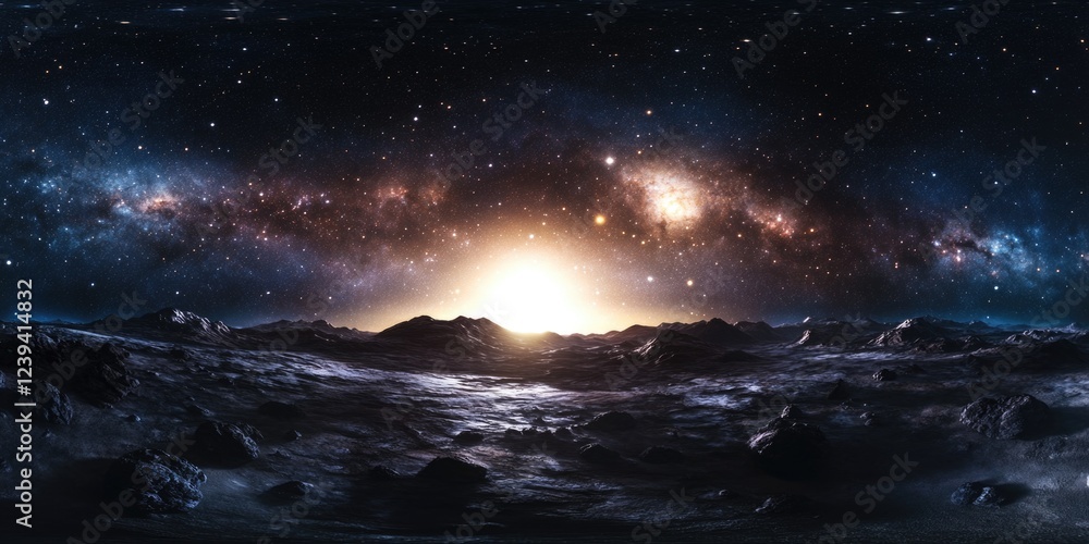 A panoramic view of a vast, rocky, and desolate landscape with a bright sun in the sky A panoramic view of a vast, rocky, and desolate landscape with a bright sun in the sky