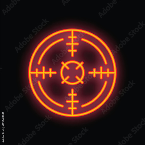 Neon sign representing a target crosshair glowing on a wall with a dark background