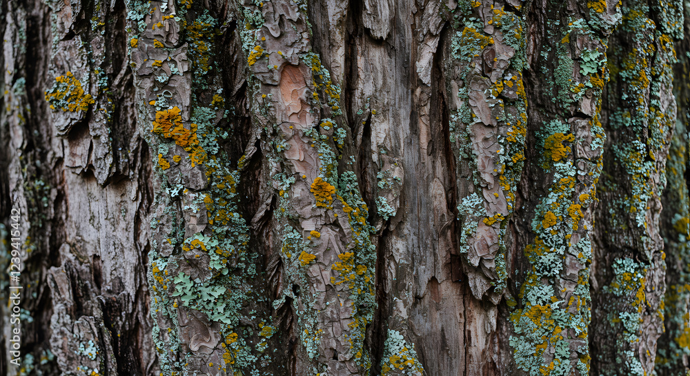 Obraz premium tree bark with deep grooves, cracks, and patches of lichen