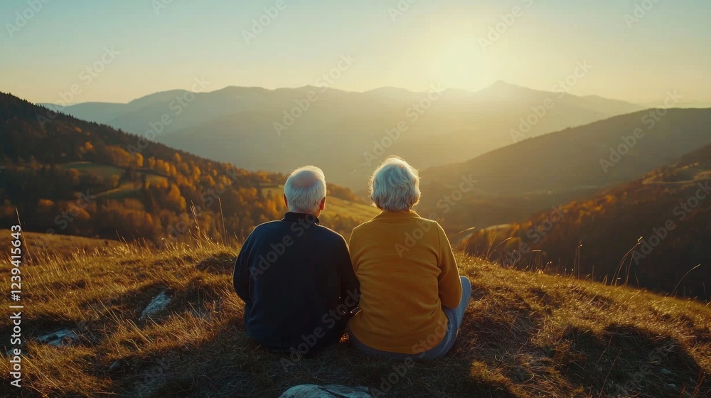 Fototapeta premium Seniors enjoying a sunset view over rolling hills during autumn in a peaceful mountain landscape