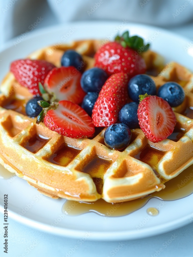 A delicious breakfast waffle with fresh blueberries and strawberries, served on a white plate with maple syrup. A delicious breakfast waffle with fresh blueberries and strawberries, served on a white plate with maple syrup.