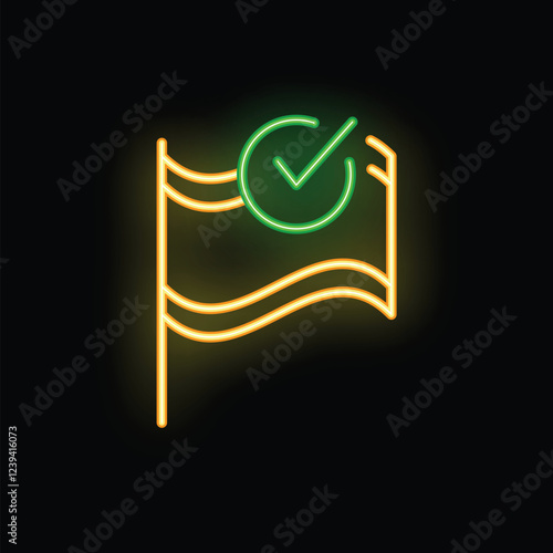 Neon green check mark over waving flag symbolizing a successful election or referendum