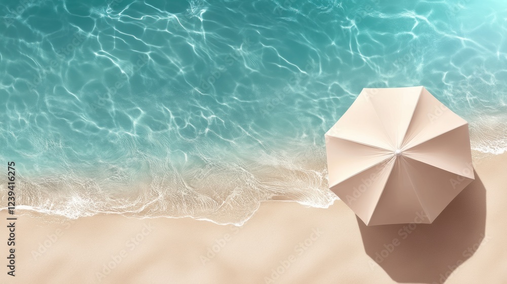 Naklejka premium Summer background with a beach parasol near the sea waves. top view, free copy space