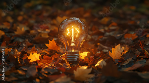 A light bulb is lit up in a field of leaves. the light bulb is the only source of light in the scene. Light Source. Illustration photo