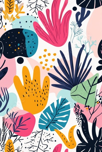 A vibrant and colorful floral pattern with abstract shapes and tropical vibes. Digital artwork perfect for wallpaper, fashion, textiles or modern graphic design.