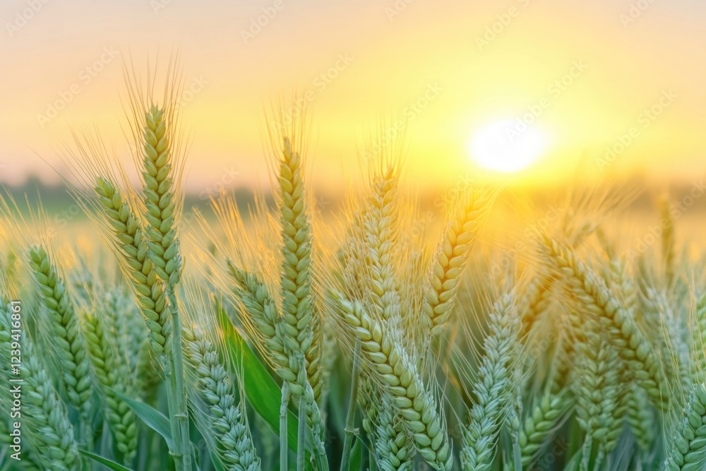 Sunset scene in a wheat field, with ripe golden grain standing tall and the sun glowing on the horizon. Sunset scene in a wheat field, with ripe golden grain standing tall and the sun glowing on the horizon.
