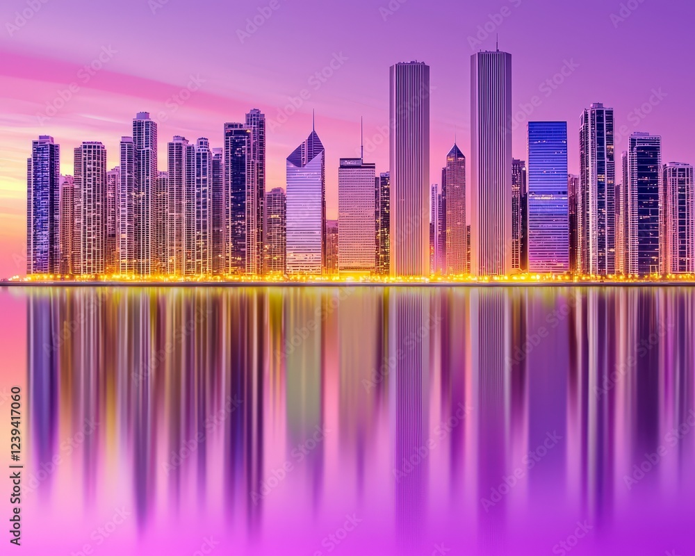Fototapeta premium Vibrant Sunset Over City Skyline with Reflections in Water
