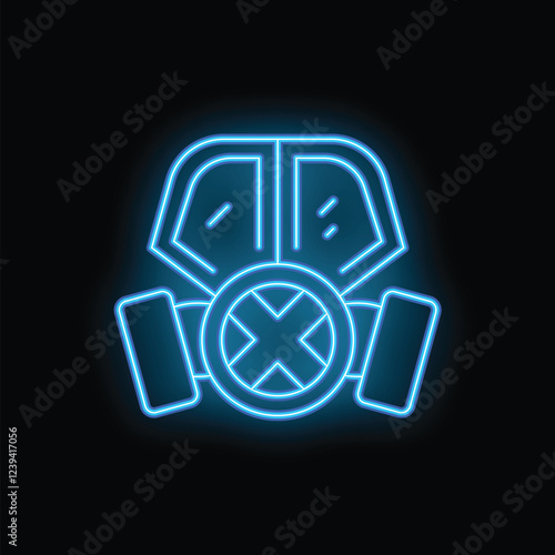 Blue neon gas mask glowing on black background representing safety and protection