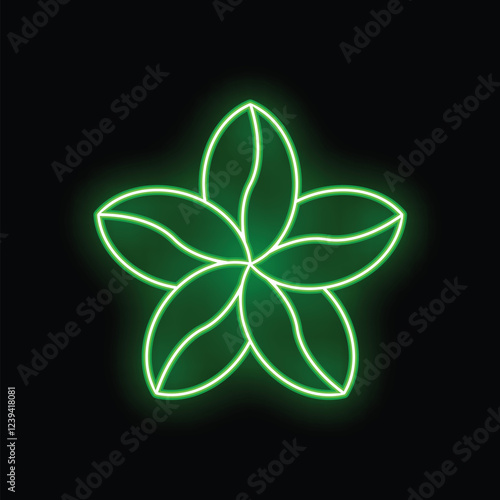 Green neon sign shaped like a flower with coffee beans for petals glowing on a black background