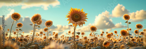 A surreal field of floating sunflowers on long stems, suspended in mid-air against a backdrop of soft clouds, blending nature with dreamlike elements. 