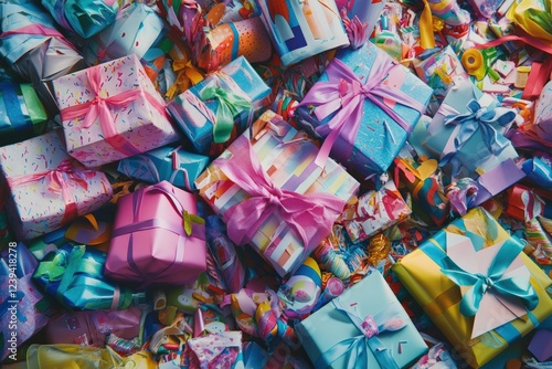 Colorful birthday gifts piled high create a festive atmosphere on a table. Generative AI