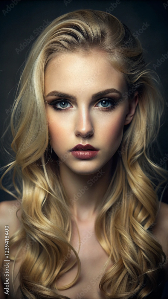Fototapeta premium Stunning Blonde Woman with Long Wavy Hair and Makeup