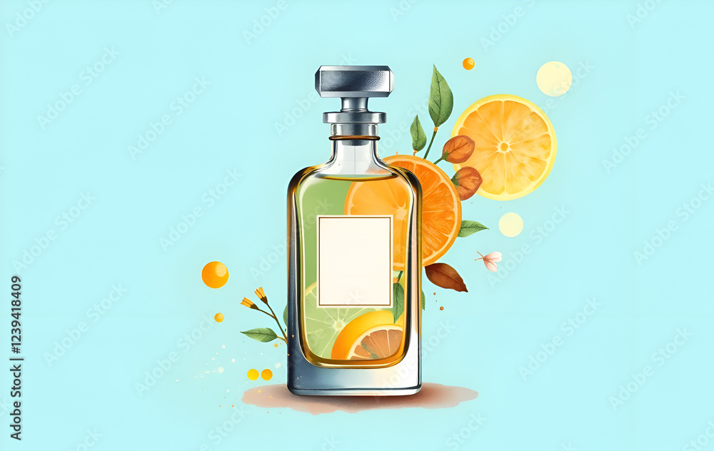 flacon of perfume include stylize element of perfume such as citrus, herbs and other against turquiose background. painting 3d render watercolor style . Ai generated.