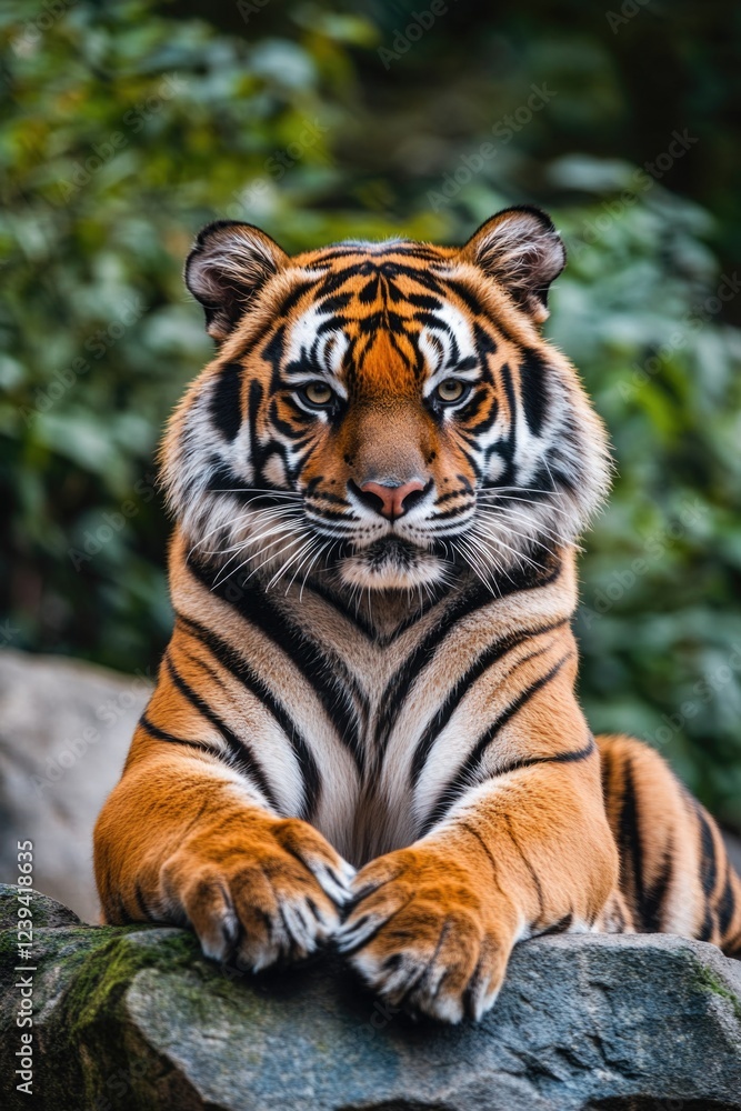 Tiger sitting on rocks, looking over its shoulder. Sharp claws and distinctive stripes. Tiger sitting on rocks, looking over its shoulder. Sharp claws and distinctive stripes.