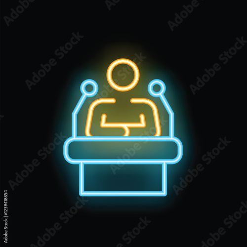 Neon sign of a politician giving a speech at a tribune, with blue and yellow colors on a black background