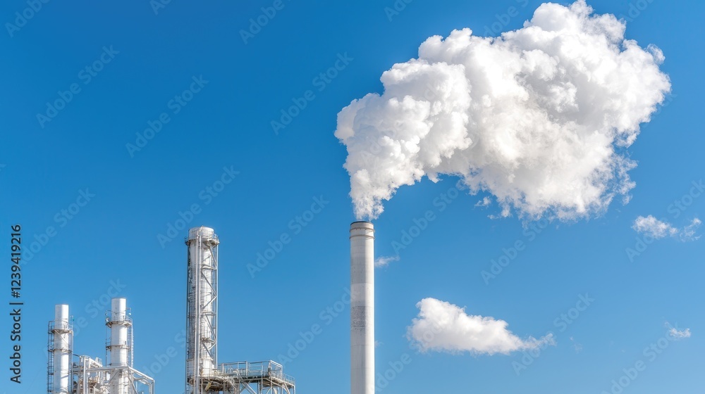 Industrial plant smokestack emitting vapor against blue sky
