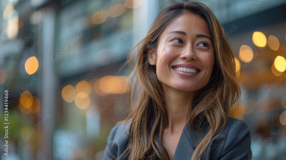 Obraz premium Empowered female in a sleek suit, smiling happily while looking to the side, in an urban outdoor environment